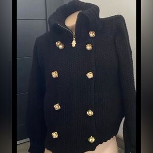 Manoush Womens Black Long  Sleeve  Gold Buttons Sweater Size Large 100% merino